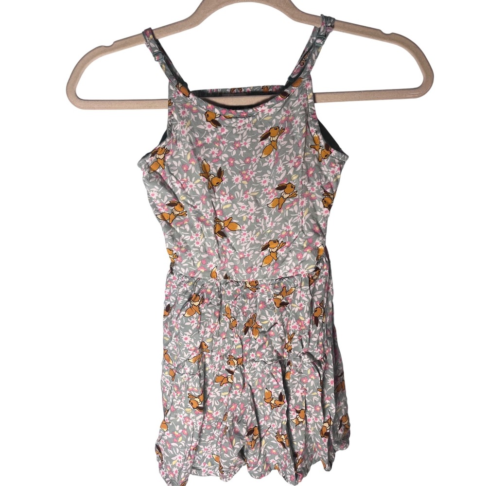 Pokemon Eevee Floral Romper Girls Medium 8 Sage Green Smocked Tiered Ruffle